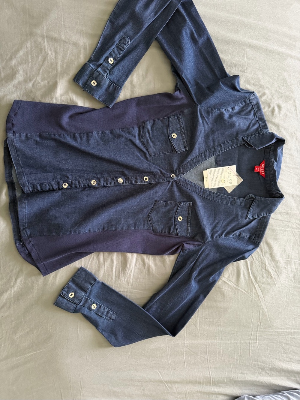 GUESS Women's Navy and Dark Blue Dual-Tone Button-Down Shirt